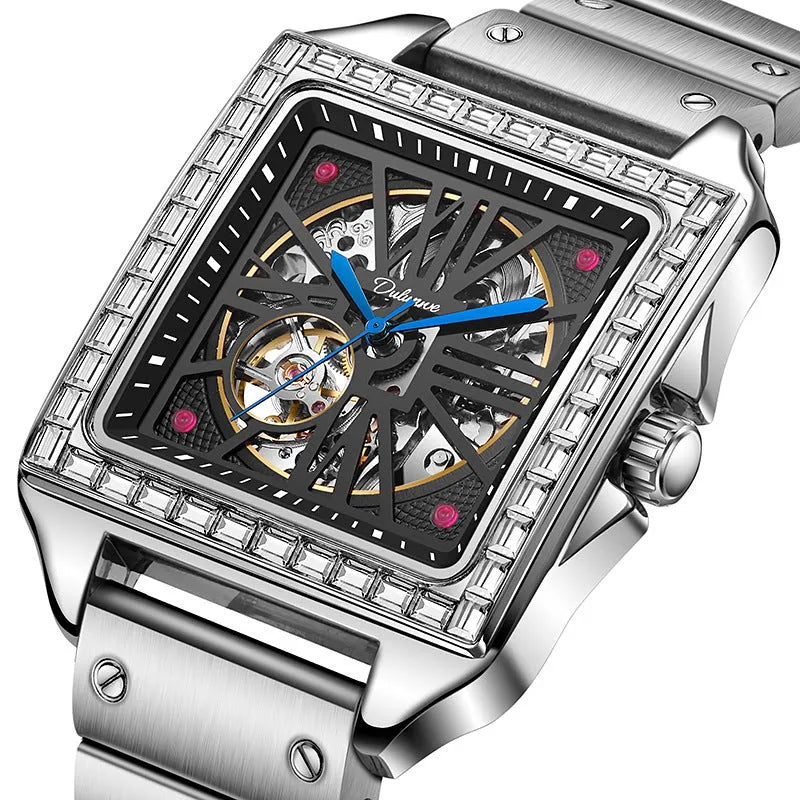 Square automatic watch for men with diamond detailing on a black leather strap.