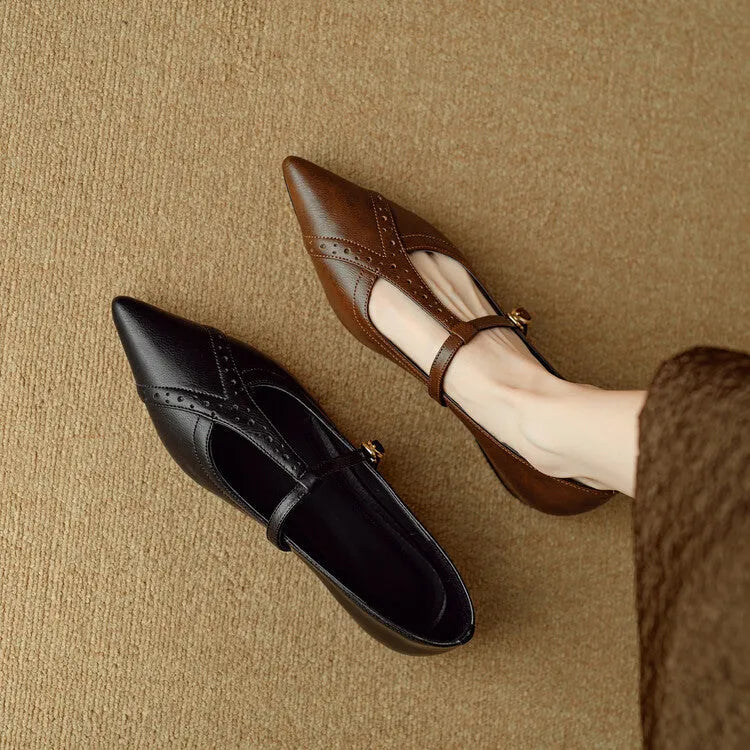 Brown women's leather flat shoes with round toe and mid heel for autumn winter spring seasons