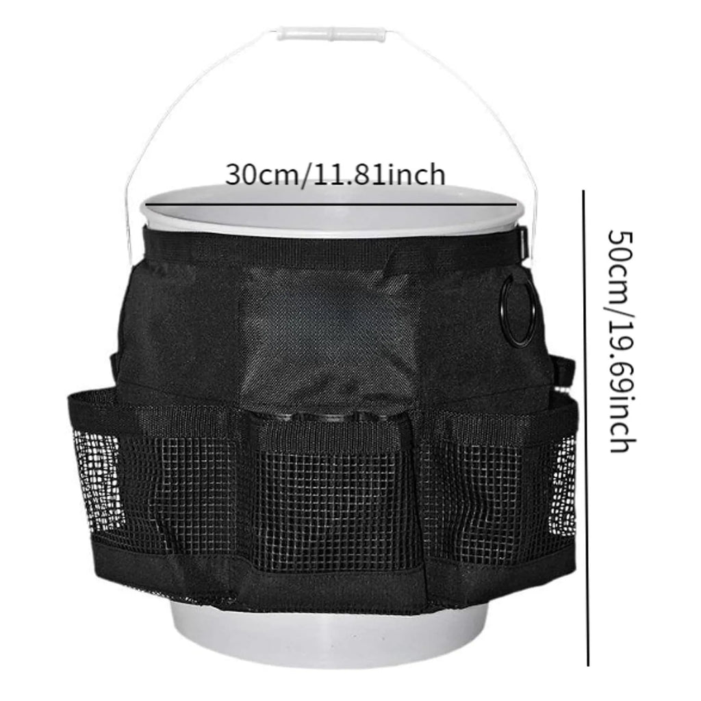 Black cylindrical polyester storage bag hanging on a 5 gallon barrel with car washing tools inside