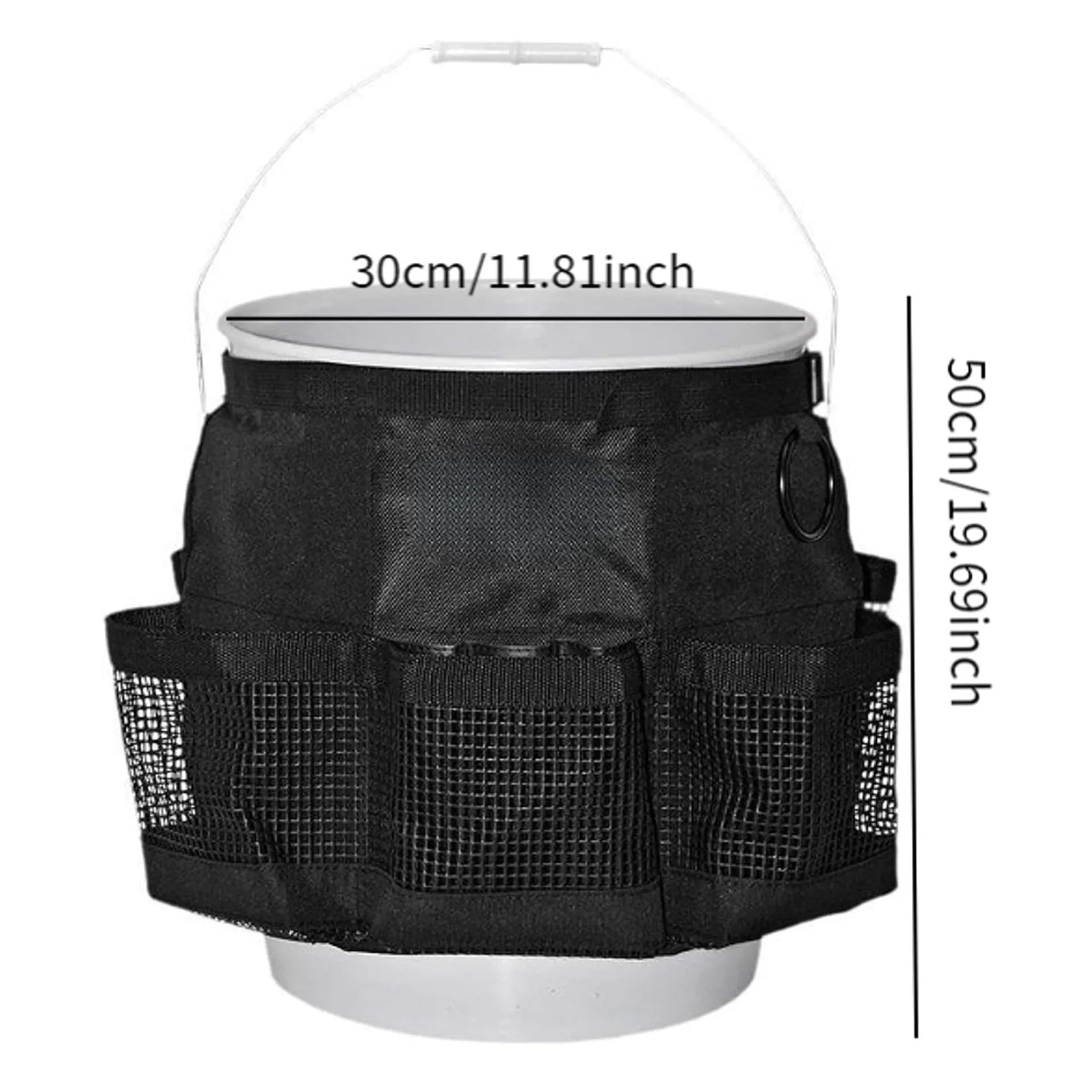 Black cylindrical polyester storage bag hanging on a 5 gallon barrel with car washing tools inside