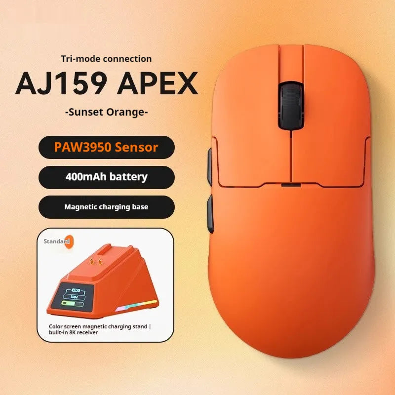 AJ159 triple-mode gaming mouse in Yunfeng White colour on a mousepad, showing its small-medium size and sleek design.