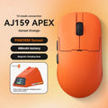 AJ159 triple-mode gaming mouse in Yunfeng White colour on a mousepad, showing its small-medium size and sleek design.