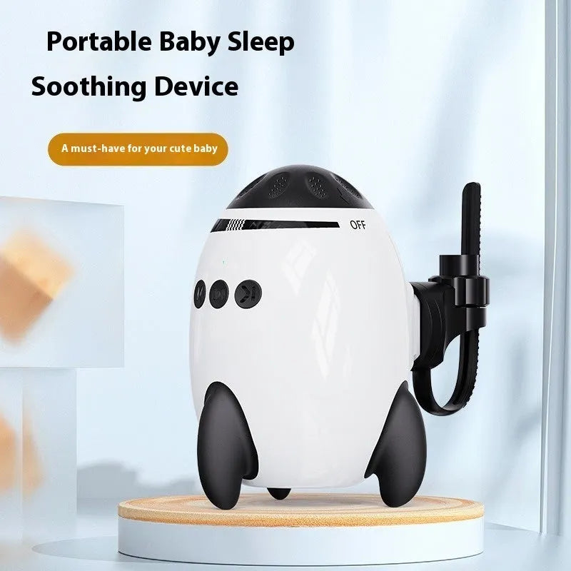 White baby sleep comforter device with automatic shaking and Bluetooth connectivity for infant strollers
