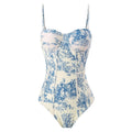 Blue women's one-piece swimsuit with detachable gauze skirt in polyester fabric