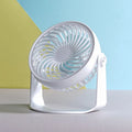 USB-powered compact desktop fan with three blades in mini clip and floor configurations