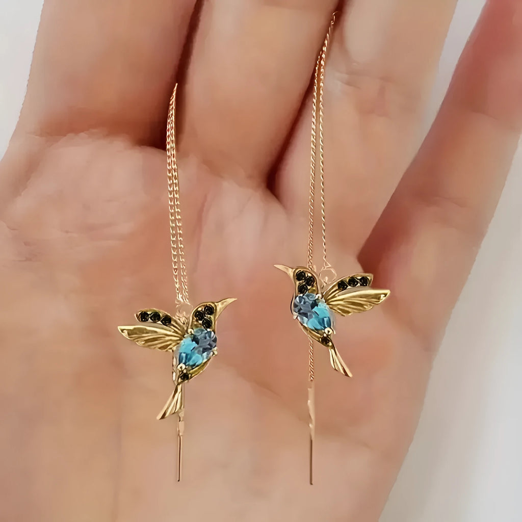 Bird hanging earrings with mixed zirconium wings in blue, red, and red lvzuan colour options