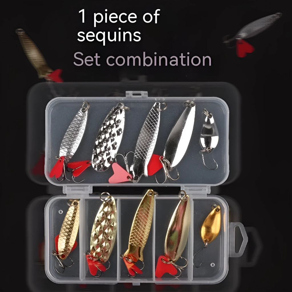 Box of gold and silver metal sequins for false bait fishing lures