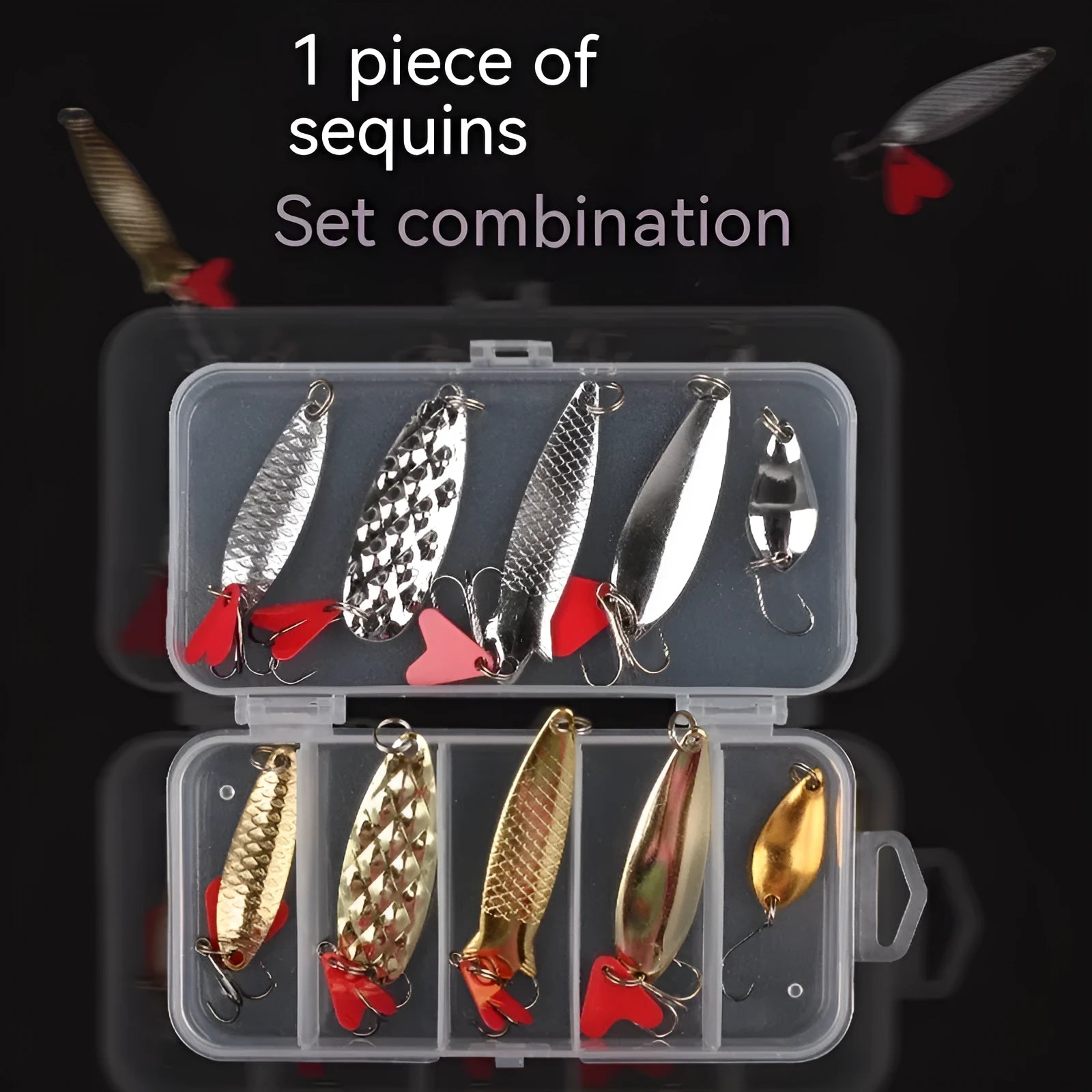 Box of gold and silver metal sequins for false bait fishing lures