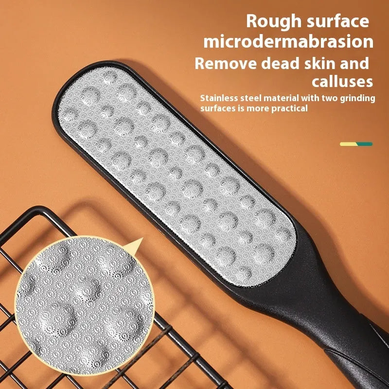 Double-sided stainless steel foot grinder with protective OPP storage bag for callus removal