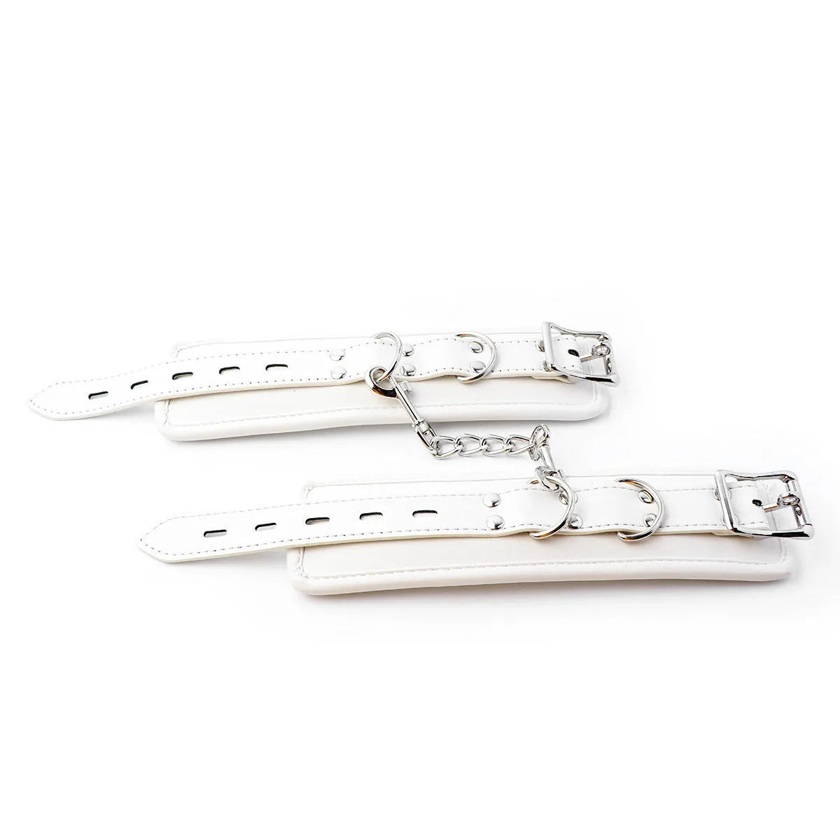White PU sponge bondage kit showing handcuffs, foot cuffs, and a neck cuff for adult restraint play.
