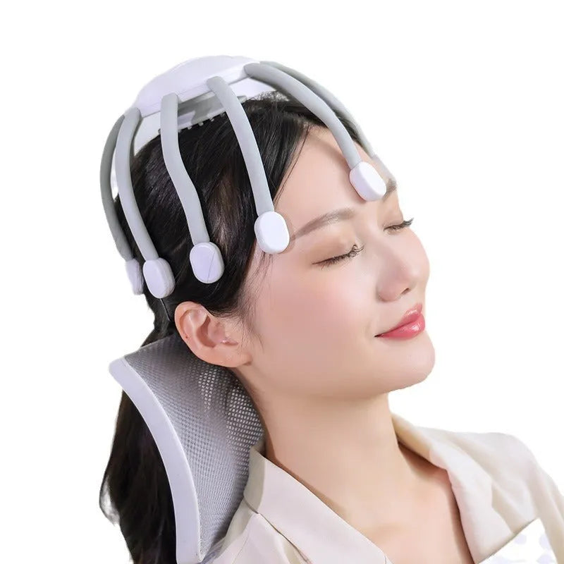 USB electric head massager with multiple silicone claws in black, white, and upgrade versions