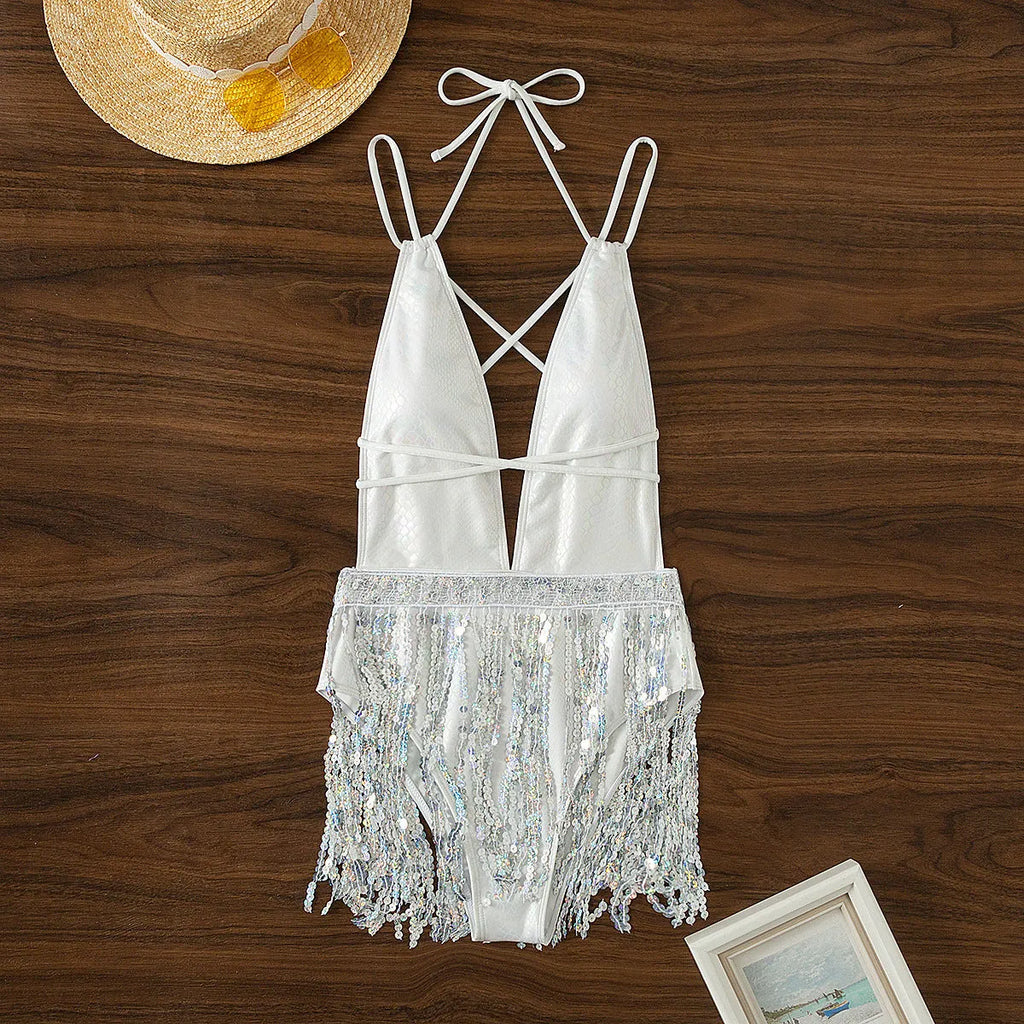 White deep V-neck tassel dress one-piece swimsuit for swimming