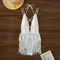 White deep V-neck tassel dress one-piece swimsuit for swimming