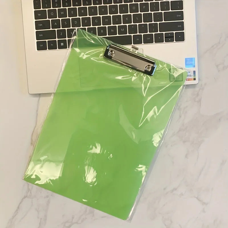 Transparent A4 plate holder with metal clip, shown in blue, acting as a writing board and document folder.