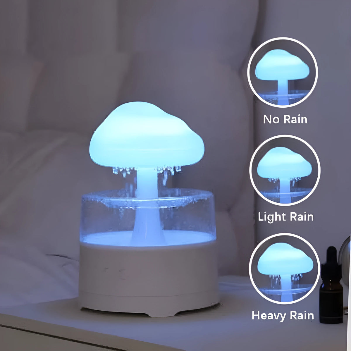White mushroom cloud resin aroma diffuser and USB humidifier with colourful light on a desktop