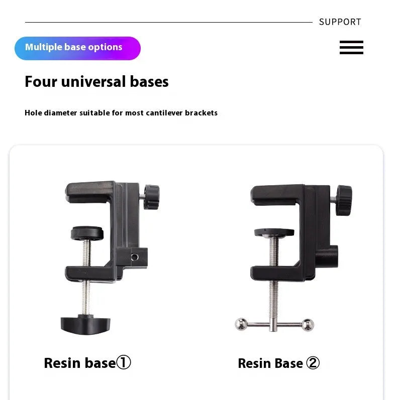 Black foldable metal desktop cantilever bracket holding tablet with adjustable arm