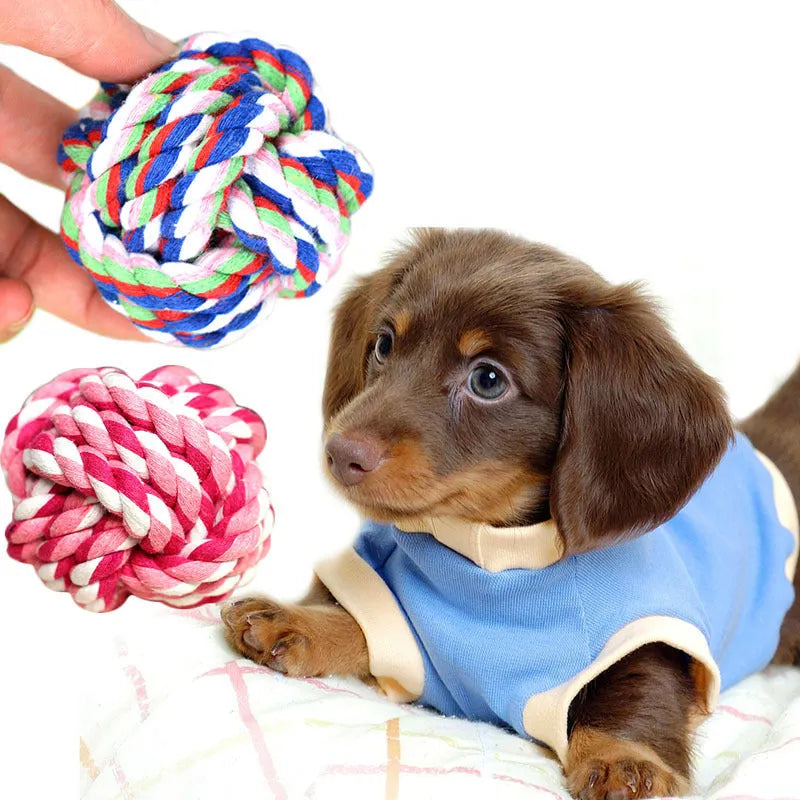 Medium hand-woven cotton rope ball dog toy, 7cm diameter, in Blue, Pink, or Multicolour