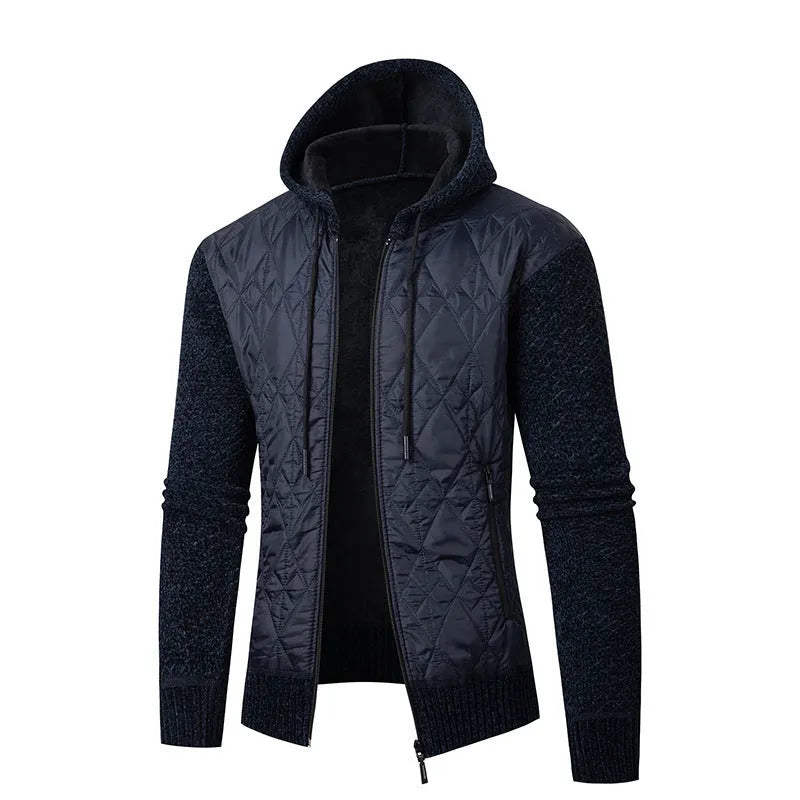 Men's grey hooded corduroy sweater coat with cinched cardigan styling