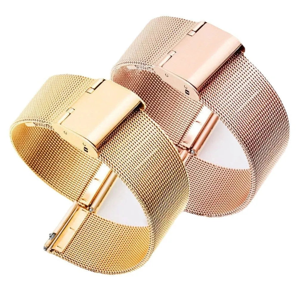 Silk woven stainless steel watch band with butterfly clasp in silver, black, rose gold, or gold finish.