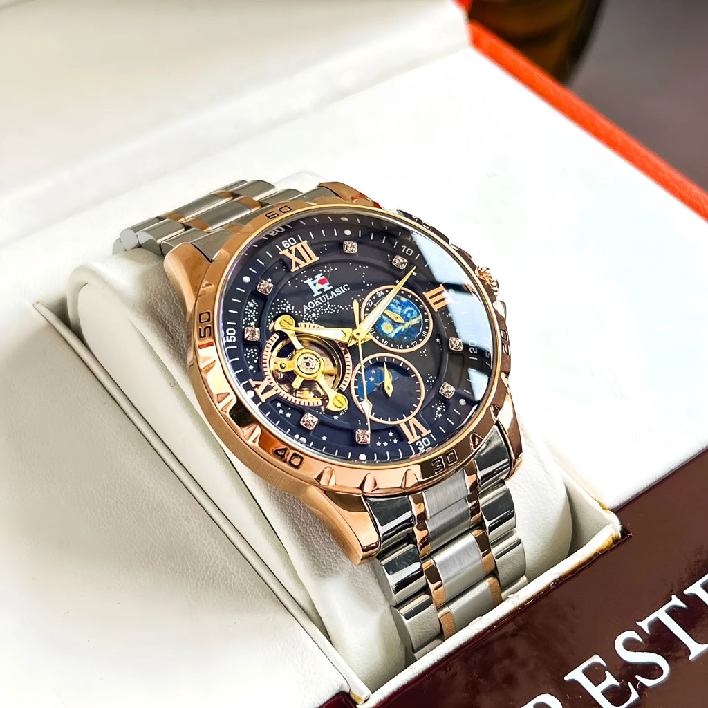 Men's automatic mechanical watch with rose gold shell, black dial, and large multifunctional display.