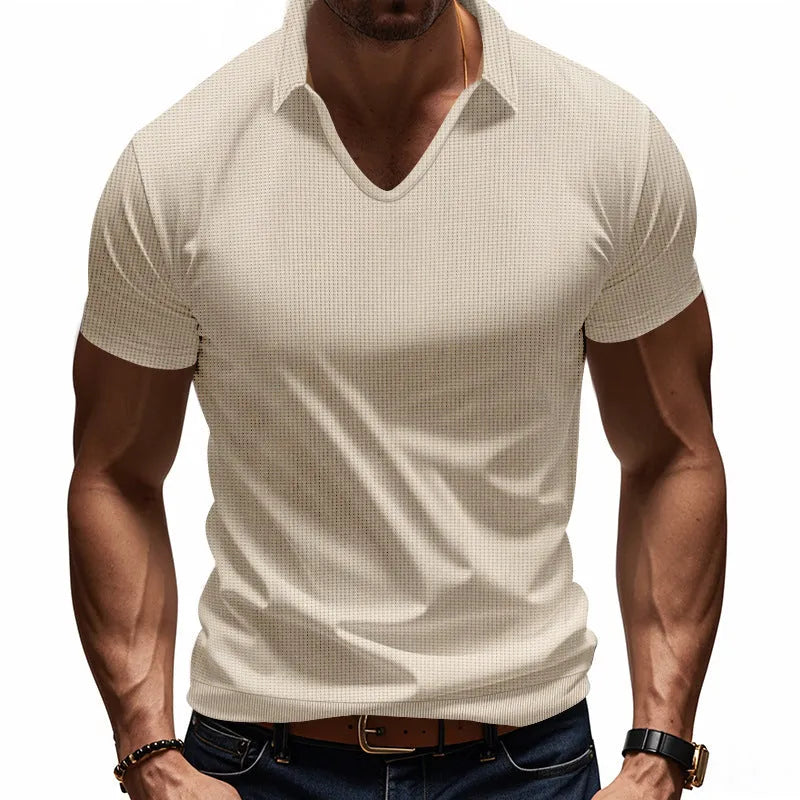 Men's loose fit V-neck short sleeve t-shirt in apricot colour with cotton blend fabric