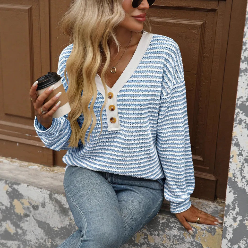 Women's V-neck pullover top with patchwork detailing and long sleeves in loose streetwear fit