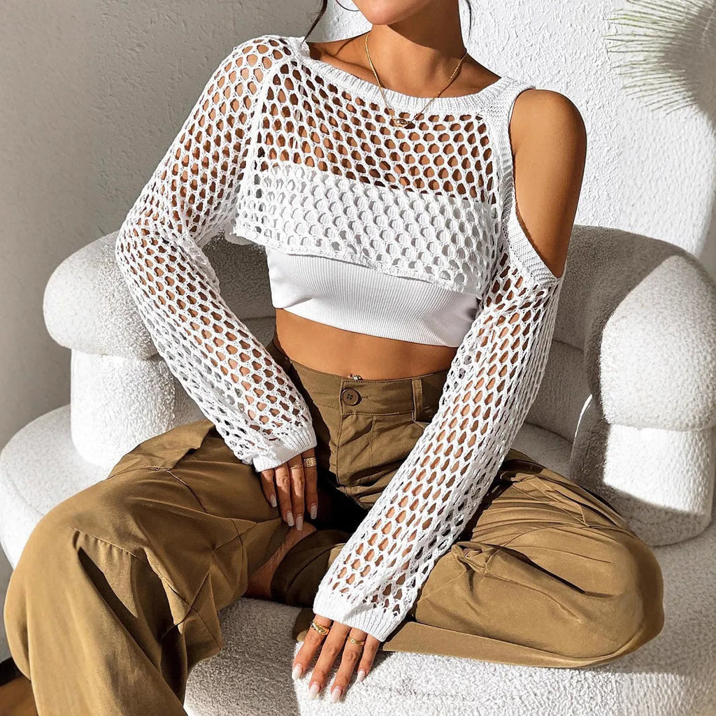 Mesh beach shirt with hollowed navel design in multiple colours on a mannequin.