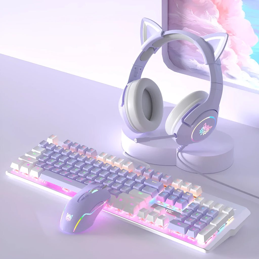 Purple and white mechanical keyboard and mouse set with backlight illumination on desk