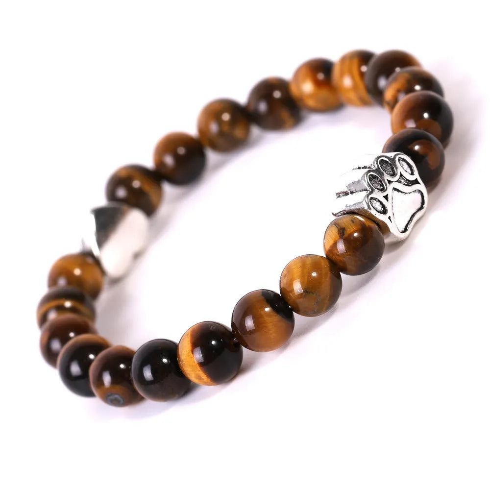 Close-up of a geometric beaded stone bracelet showing texture, style options include Tigereye and Indian Agate.