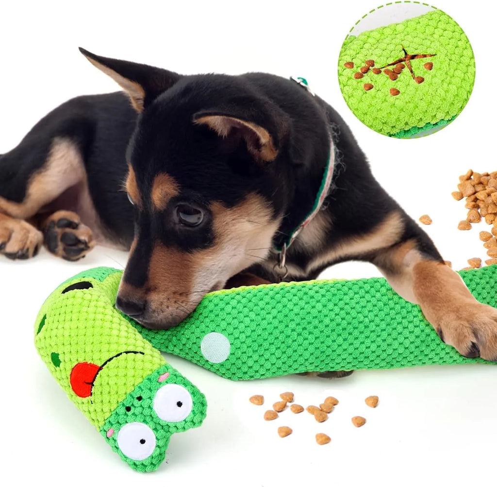 Thick velvet dog puzzle toy that transforms between snail and stick shapes with hidden food holes