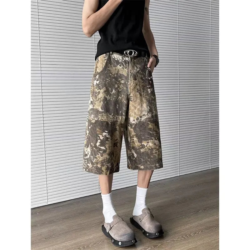 Yellow snake pattern camouflage cropped jeans with cotton denim construction