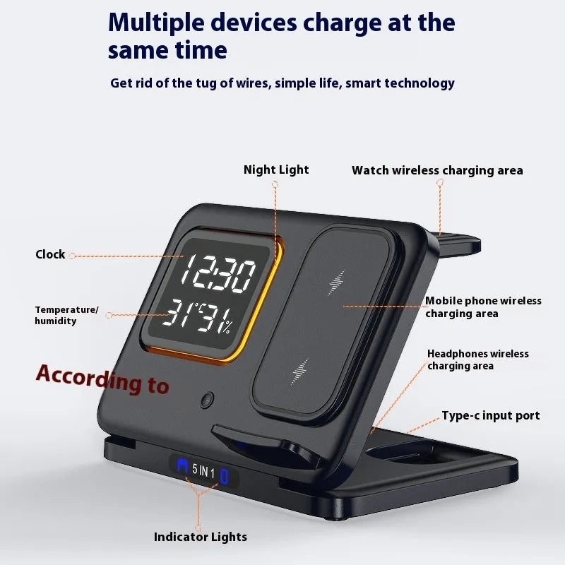 Black or white 5-in-1 wireless charging station with LED display showing time and temperature, charging phone and watch.