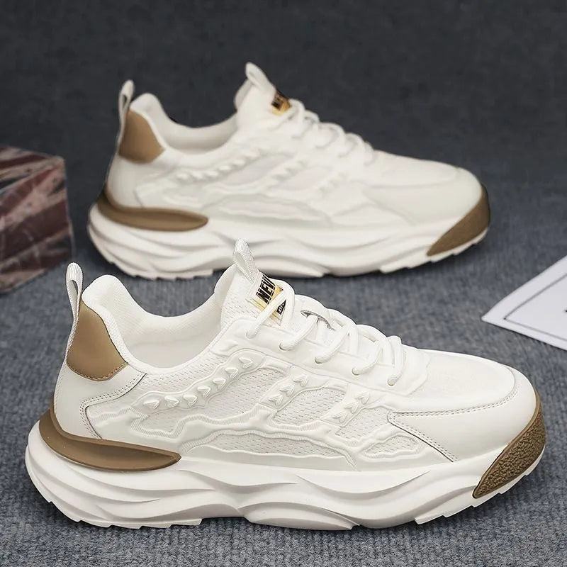 Men's solid colour breathable mesh sports shoes with round toe in white or black.