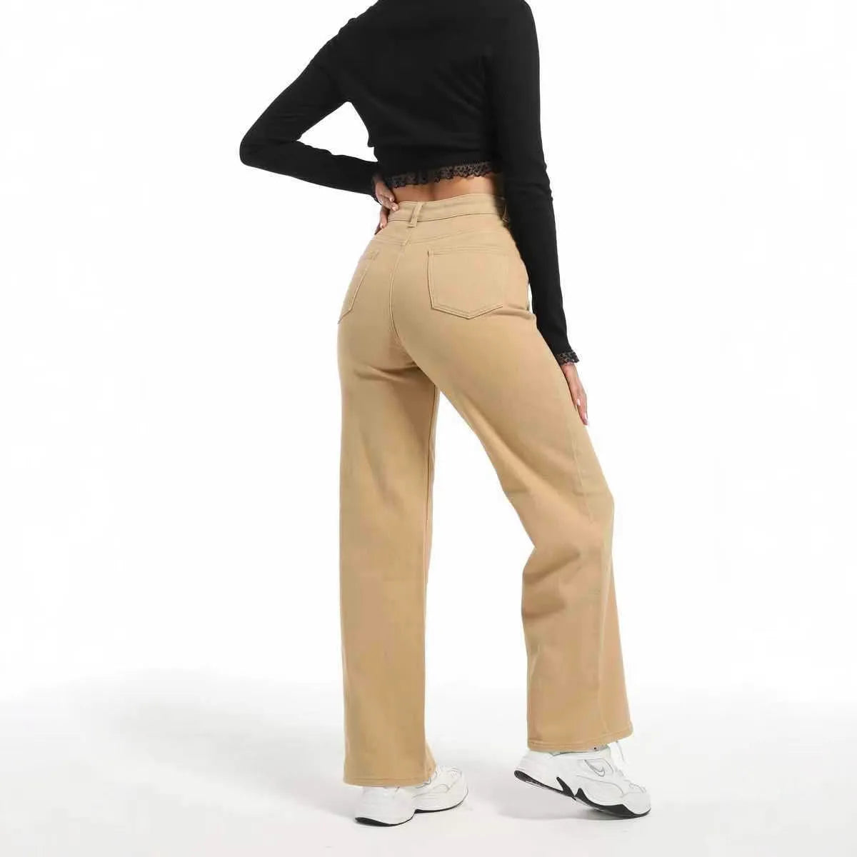 Women's high waist wide leg straight jeans in apricot colour made from high elasticity cotton fabric