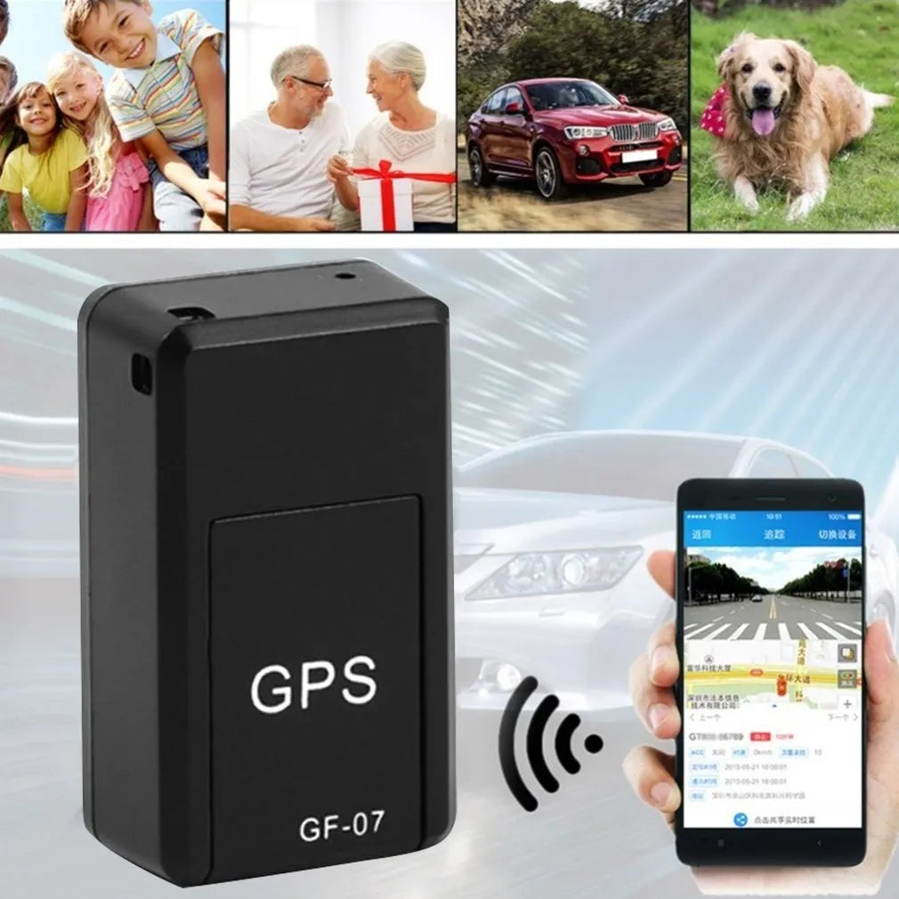 Small black magnetic GPS car tracker device with USB charging cable.