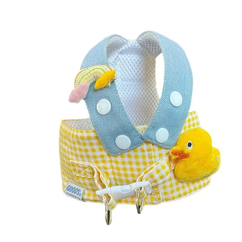 Pet harness and leash set with wire rope pulling components and cute hat cat clothes outfit