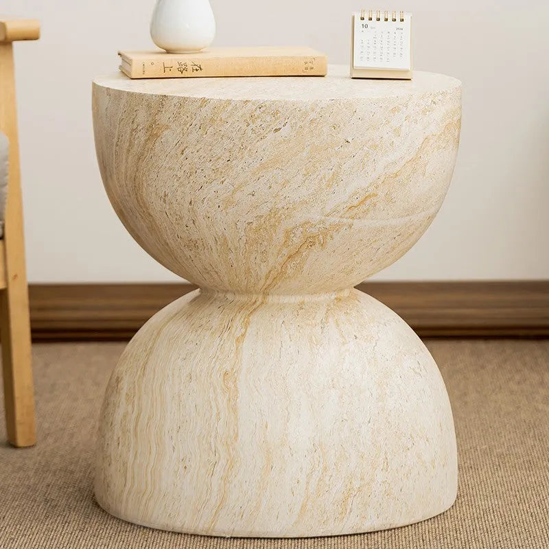 Magnesium oxide sofa side tea table with imitation cave stone finish in hourglass tea table colour for apartment living room or balcony corner