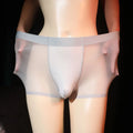 Men's ultra-thin transparent ice silk boxer underwear in solid colour showing six colour options and size chart