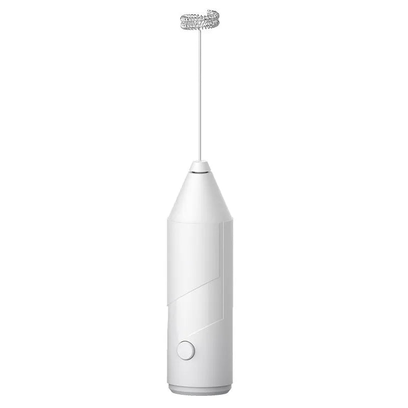 Mini handheld electric milk frother in black, white, and khaki colours with a stainless steel whisk.