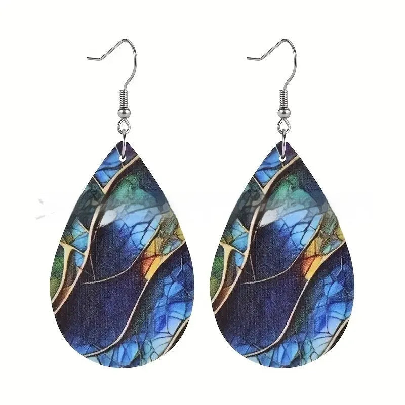 Acrylic flat branch knot drop earrings with printed surface detail in two style variations