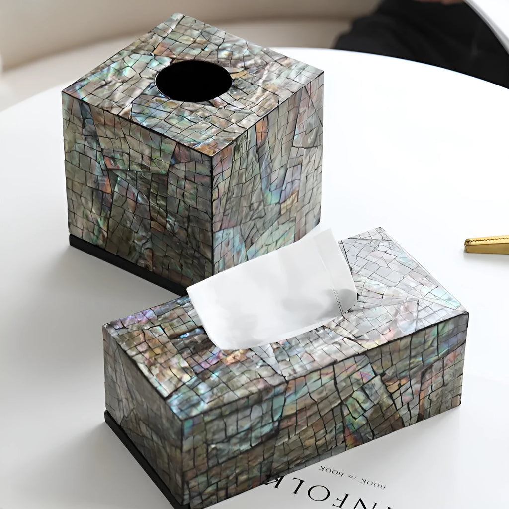 Natural shell tissue storage box with removable organisation in black rectangle and square styles