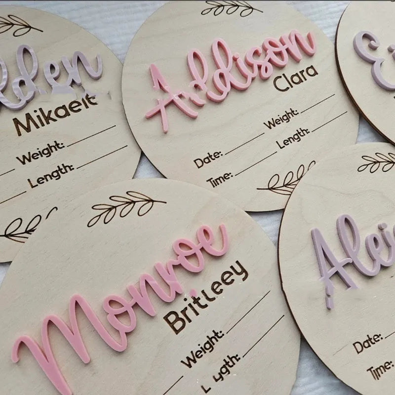 Square wooden name plate for newborn showing birth details and surname, 15cm.