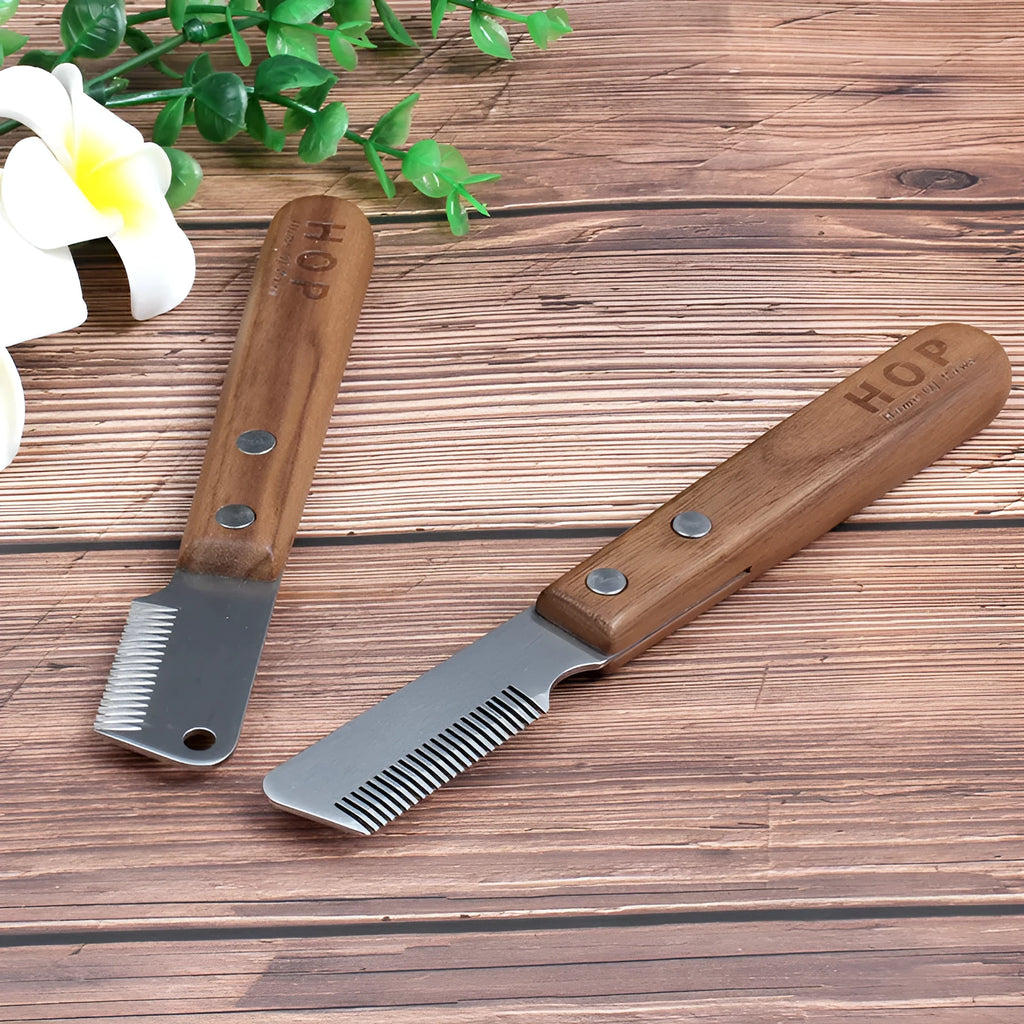 Walnut wood pet plucking knife comb with stainless steel cutter head for terrier grooming, left or right hand