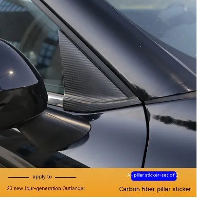 23 New Outlander car window pillar protective vinyl decals in bright black and carbon fibre pattern.