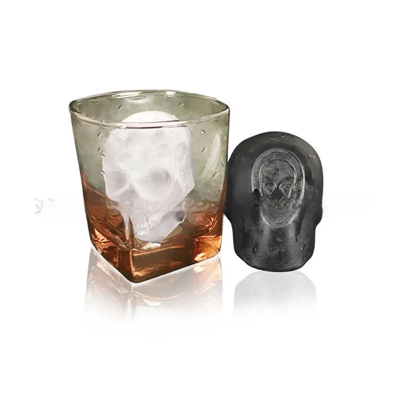 3D Halloween skull ice cube tray made from food-grade silicone, showing detailed skull cavities.