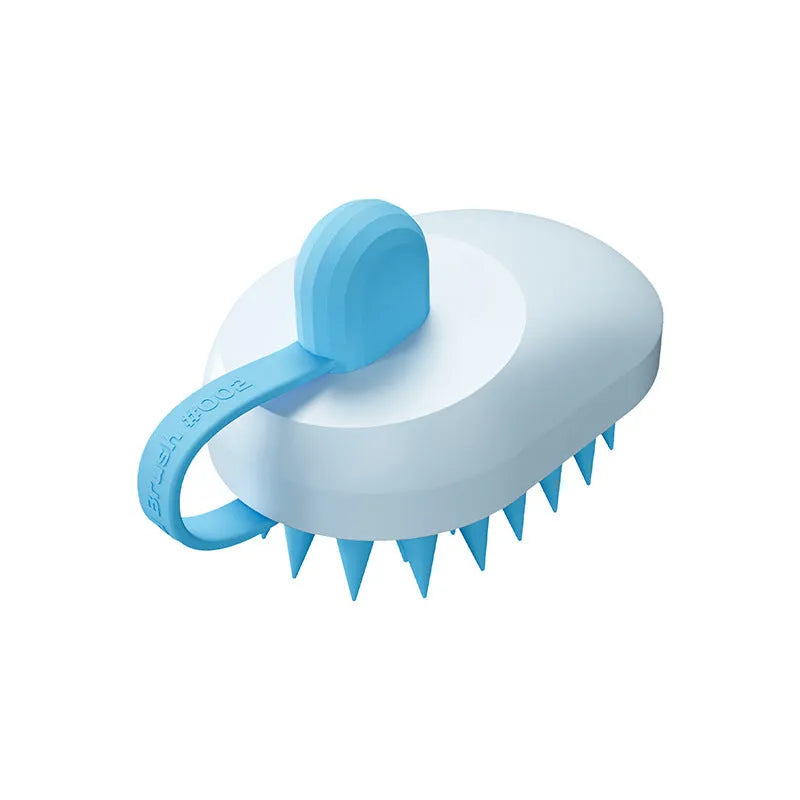 Handheld pet grooming comb with silicone bristles for bath massage and hair removal in dark blue colour