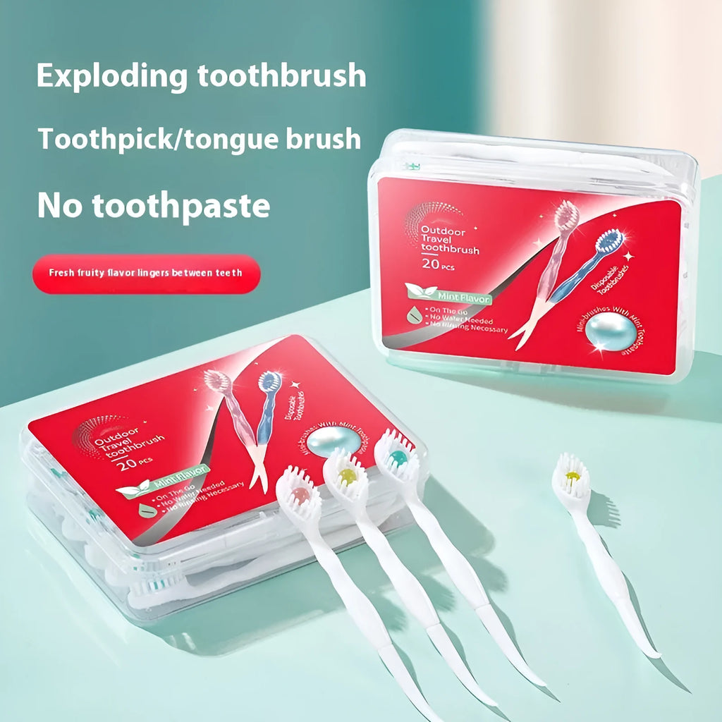 Box of 20 disposable beaded toothbrushes with flavour options including mint, peach, and plum green tea.
