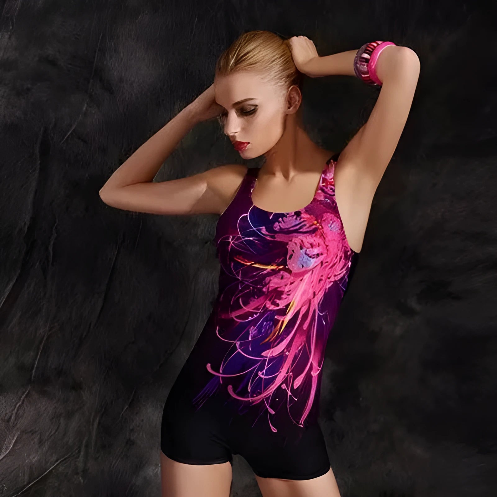 Women's black and blue quick-drying polyester one-piece swimsuit with sleeveless conservative design