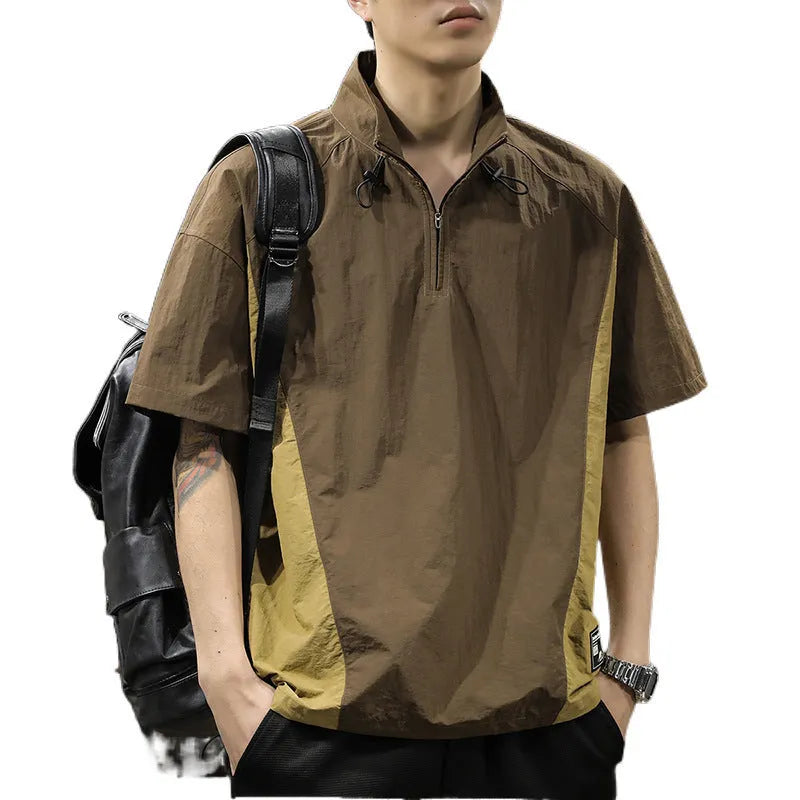 Men's brown half-zipped stand collar business shirt with short sleeves on hanger