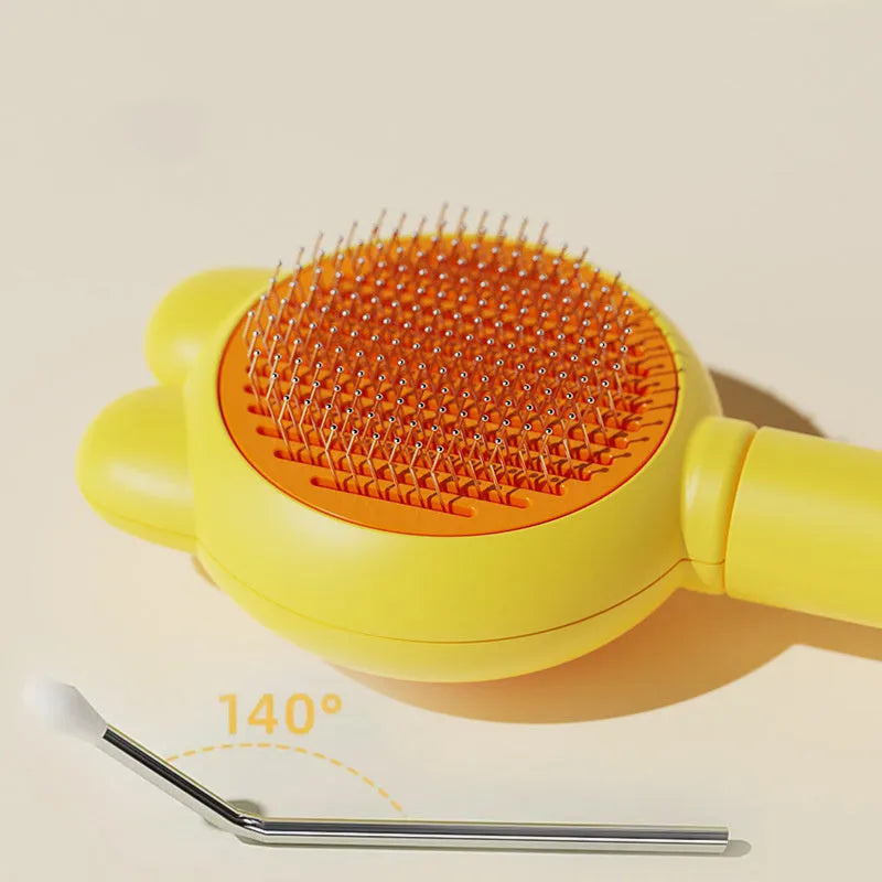 Green self-cleaning pet grooming brush with stainless steel comb and a release button on the handle.